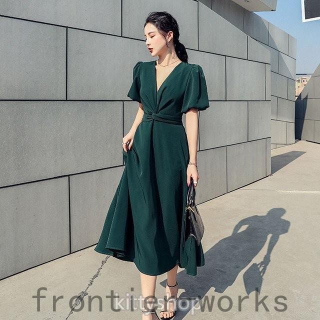 グリーン ワンピース 夏 結婚式ドレス ミモレ丈ワンピース ピンク パーティードレス 代 30代 パフスリーブ Aラインワンピース Vネック Fro63 Frontier Works 通販 Yahoo ショッピング