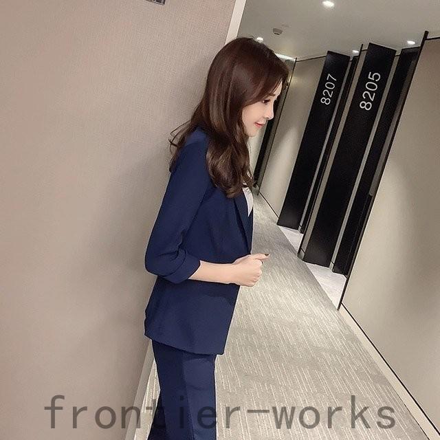 ネイビー スーツ レディース スリム 着痩せ パンツスーツ 2点セット 7分袖 テーラードジャケット 夏 サマージャケット ブラック 黒 Fro66 Frontier Works 通販 Yahoo ショッピング