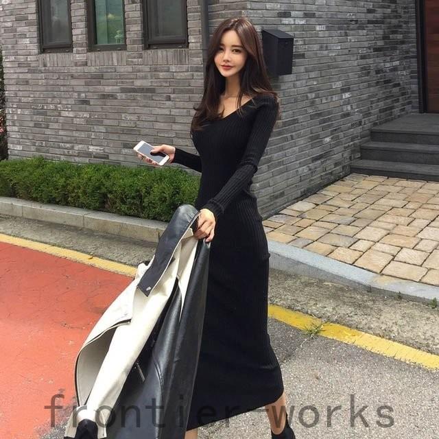 ファッション 日 祝も発送 ロングワンピース 長袖 ニットワンピース レディース 黒 細身 着痩せ タイトワンピース ニットワンピ 春 秋 冬 コーデ ミモレ丈ワンピース Kmuulruqno Shahjahanmosque Org Uk