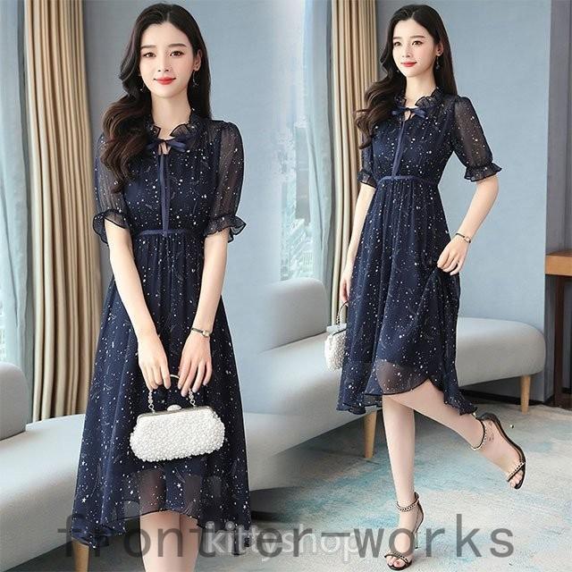 ネイビー ワンピース 夏 30代 40代 紺色 Aラインワンピース 星柄 オシャレ キレイめ シフォンドレス パーティードレス 二次会 お呼ばれ Fro66 Frontier Works 通販 Yahoo ショッピング