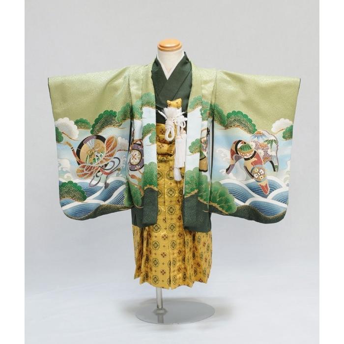 七五三 3歳 男の子 着物 レンタル 若草かぶとに鼓 (袴:金丸紋)《身長》90cm前後★簡単な着付けマニュアル付き! 子供着物レンタル 羽織 袴レンタル 753 卒園式