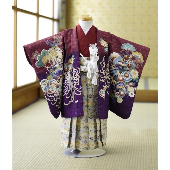 七五三 3歳 男の子 着物 レンタル エンヂ小紋鷹に菊 (袴：雲に亀甲)《身長》90cm前後★簡単な着付けマニュアル付き! 子供着物レンタル 羽織 袴レンタル お宮参り