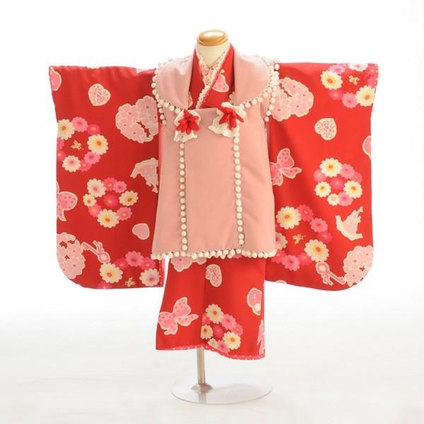 七五三 女の子 着物 レンタル 3歳 被布 SEIKO 赤シンデレラ城（松田聖子）身長・90cm前後★簡単な着付けマニュアル付き! 子供 着物レンタル 女子 3才
