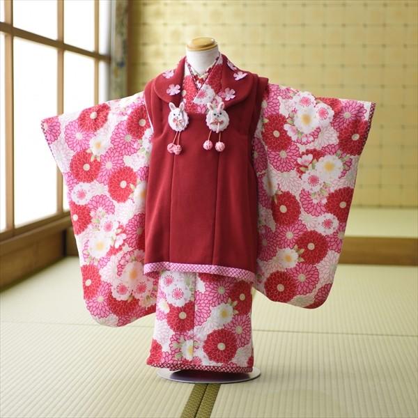 七五三 女の子 着物 レンタル 3歳 被布 うさぎにダリア《身長》90cm前後★簡単な着付けマニュアル付き! 子供 着物レンタル 女子 3才 被布セット 三歳 753
