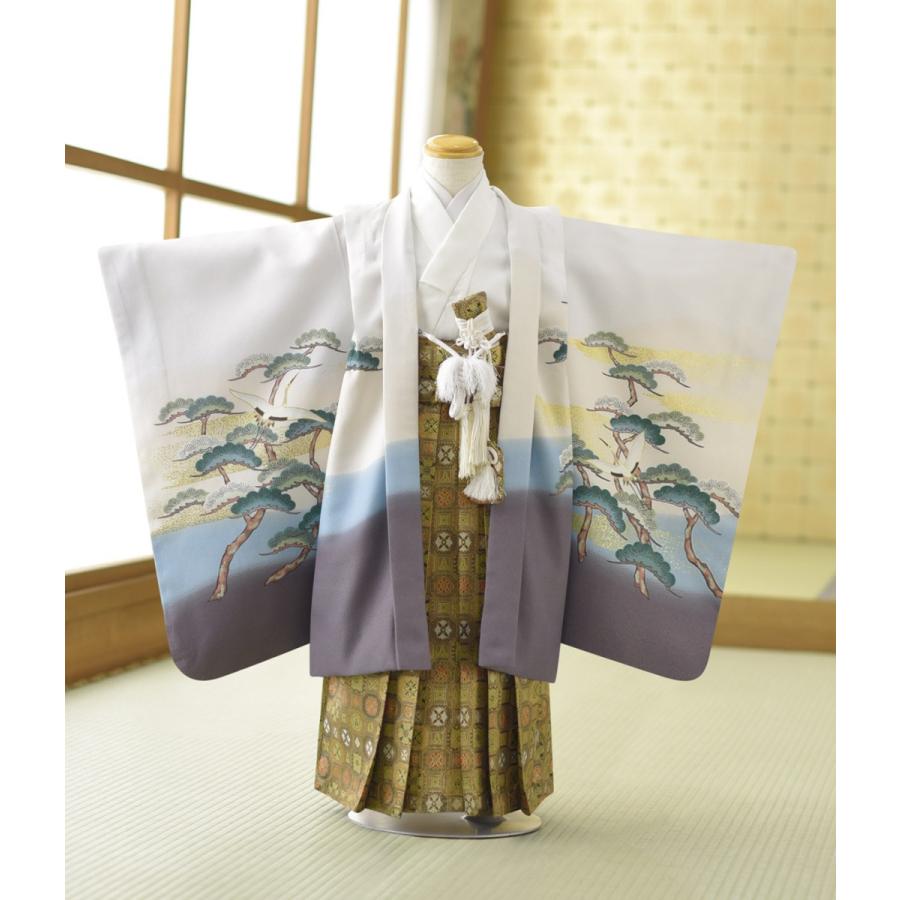 七五三 レンタル 5歳 男の子 白ぼかしタカに鶴《身長》105cm前後★簡単な着付けマニュアル付き! 子供着物レンタル 羽織 袴レンタル 753 卒園式 着物レンタル