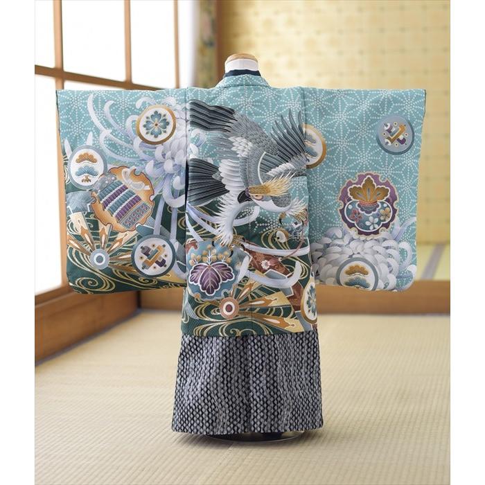 七五三 5歳 男の子 着物 レンタル ブルーグリーン タカに乱菊 ミニ5才