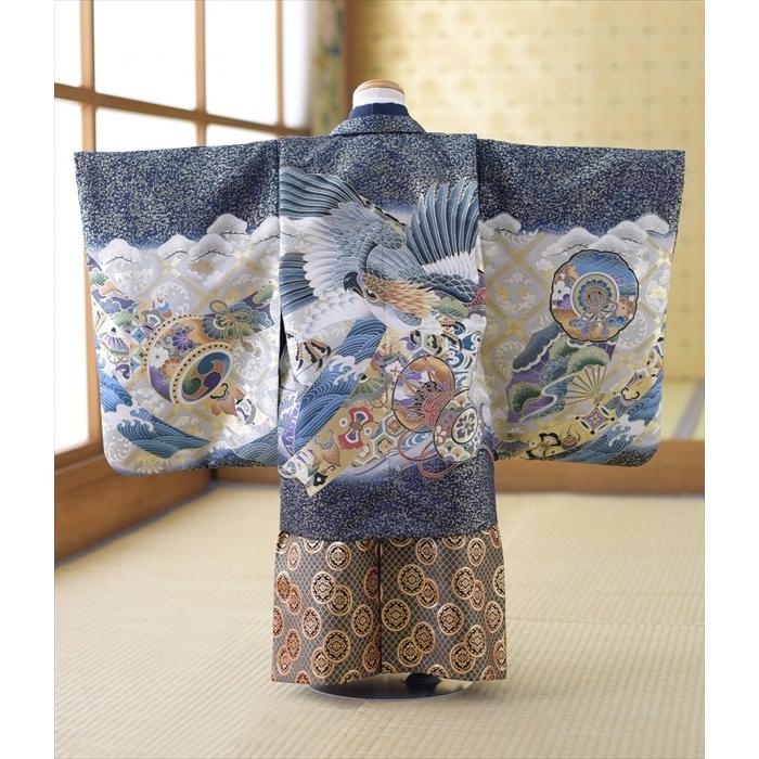 七五三 5歳 男の子 着物 レンタル 紺ふぶきタカとつづみ ミニ5才《身長