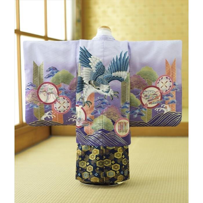 七五三 5歳 男の子 着物 レンタル うす紫さざ波にタカ ミニ5才《身長