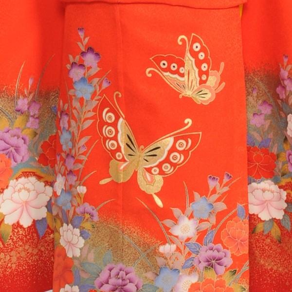 七五三 女の子 着物 レンタル 7歳 赤蝶に花園《身長》120cm前後