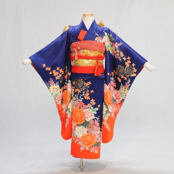 七五三 レンタル 7歳 女の子 紺ばらの花《身長》120cm前後★簡単な着付けマニュアル付き! 子供着物 帯付き 7才 女子 着物レンタル 753 お宮参り 貸衣装