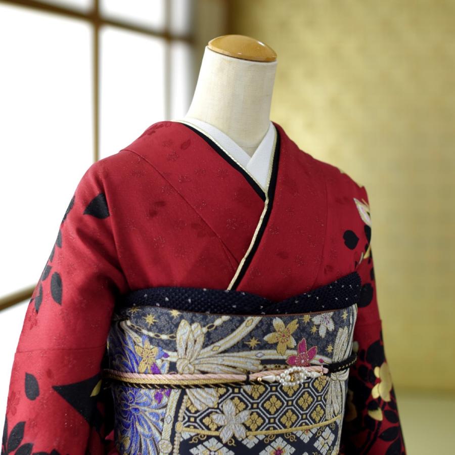 振袖 身長148-163cm 黒紫赤ゴールド薔薇正絹