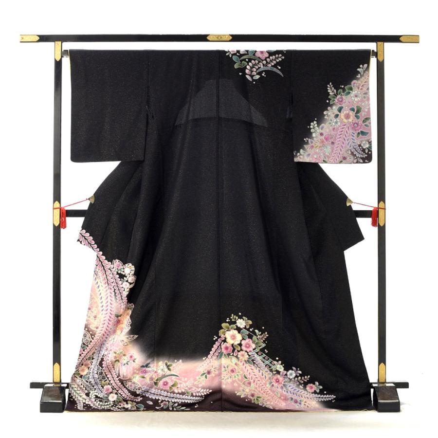 D129 夏着物　訪問着　孔雀　花　黒地　絽　正絹　極美品 夏用単衣訪問着 金通し黒竜安の花 身長 160cm〜178cm位 訪問着