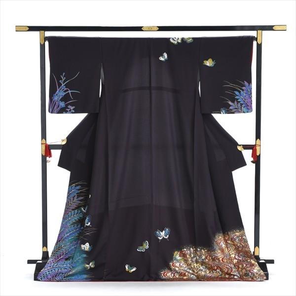 レンタル訪問着 ダークグレー幻想の蝶 広巾 身長 160cm〜176cm位