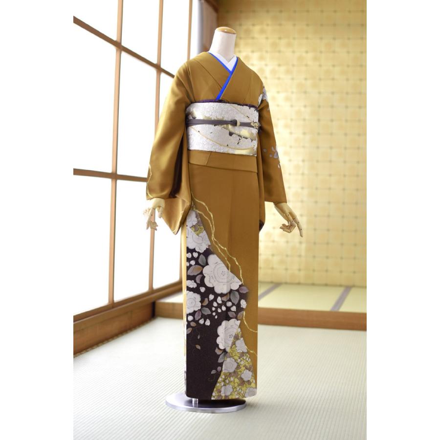 着物 訪問着 フルセット 付け下げ 正絹 ゴールドベージュ 手刺繍 花