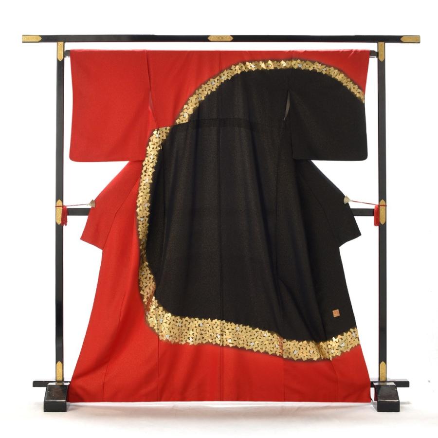 省彩箔赤と黒 身長 151cm〜162cm位 レンタル 訪問着 往復送料無料 フル