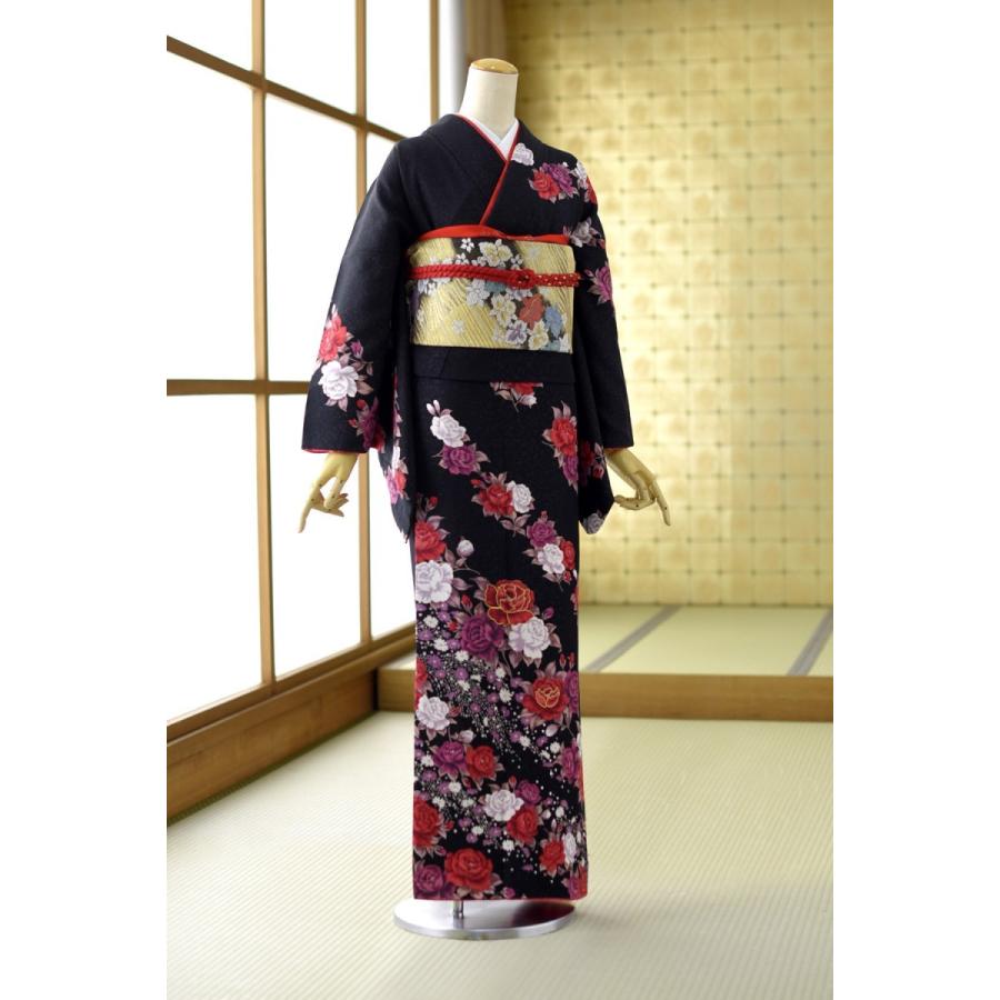 黒ラメ入り紅白ローズ 身長 157cm〜172m位 レンタル 訪問着 結婚式