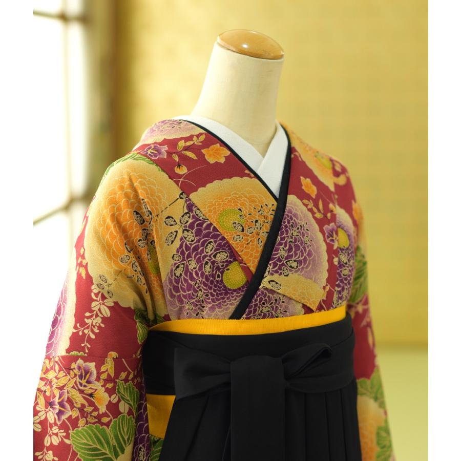 袴 レンタル 卒業式袴 女性 着物 ちりめん赤ダリア 黒 93cm 身長 155cm