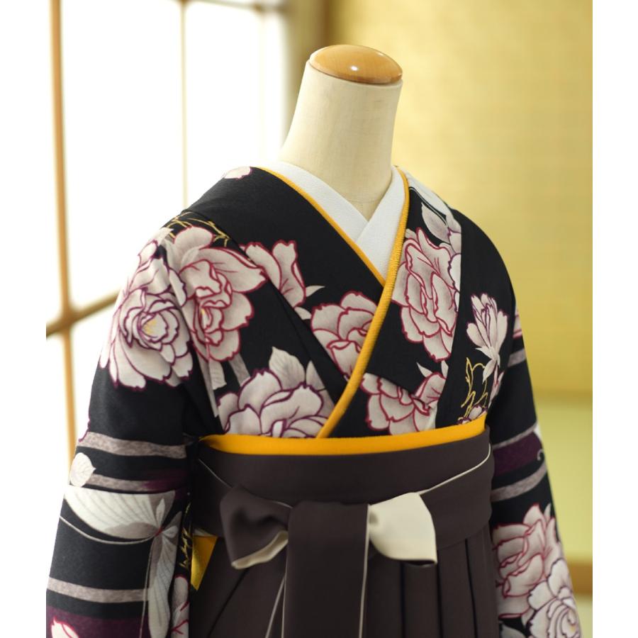 卒業式 袴レンタル 袴セット 着物 黒地バラに蝶 袴N茶ばらに蝶 91cm 
