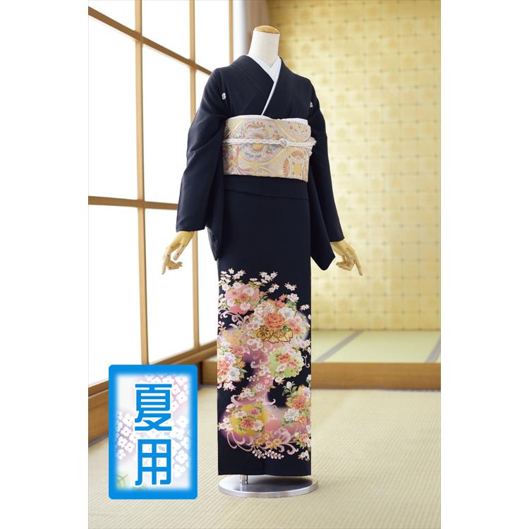留袖とモーニング同時注文で10%OFF 留袖 レンタル 結婚式 夏用 単衣 ピンク桜唐草車 身長 150cm〜165cm位 黒留袖 レンタル 夏 着物レンタル 母親 高級 正絹 | 