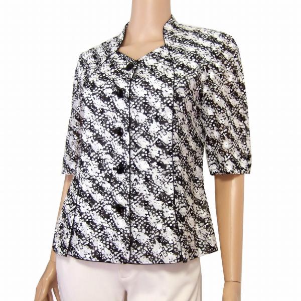 新品同様/ハーディエイミス HARDY AMIES 美柄ジャケットブラウス 表記9号(M相当) 黒 白 薄手綿100 半袖 春夏 アウター トップス レディース