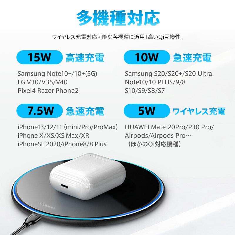 充電器 スマホ ワイヤレス充電器 ケーブル 15W 10W 急速 Qi iPhone アンドロイド Airpods Pro Galaxy HuaWei おくだけ充電 薄型｜fs100｜17