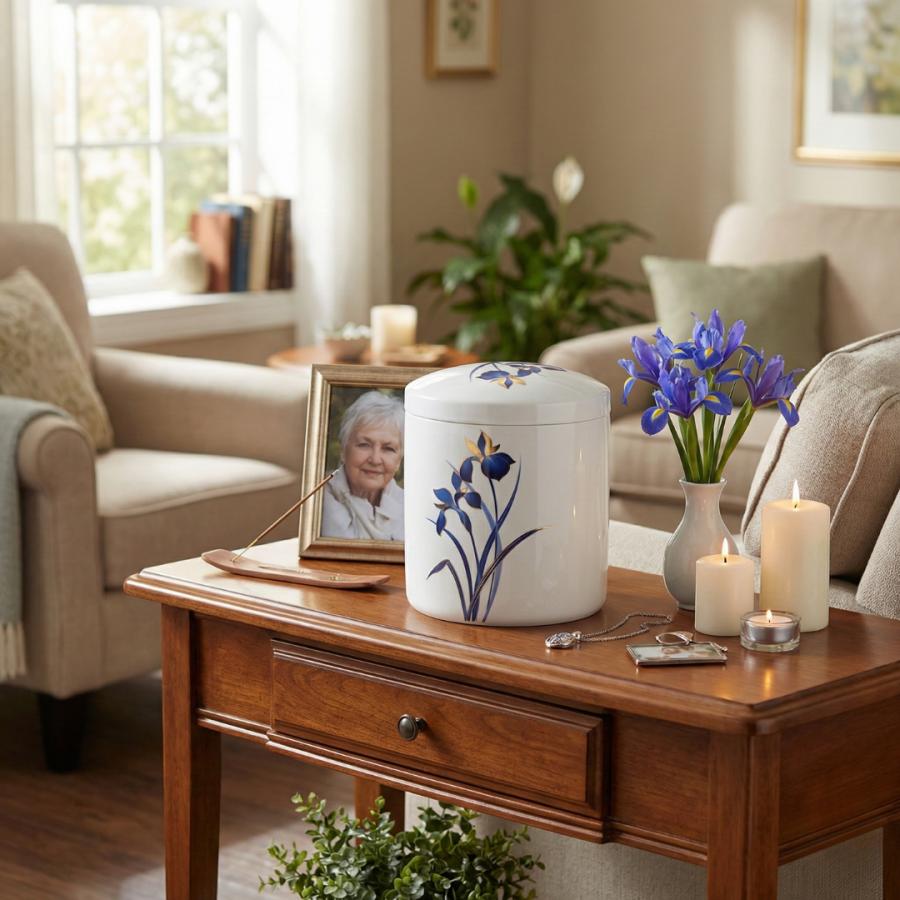 骨壺 サイズ 7寸 青アヤメ（ネジ蓋）単品 葬儀 供養用品 供養 7寸骨壺 おしゃれ骨壺 日本製 納骨 葬儀 手元供養 骨壺大 自宅墓 就活 おしゃれ骨壺 骨壺入れ替え |  | 02