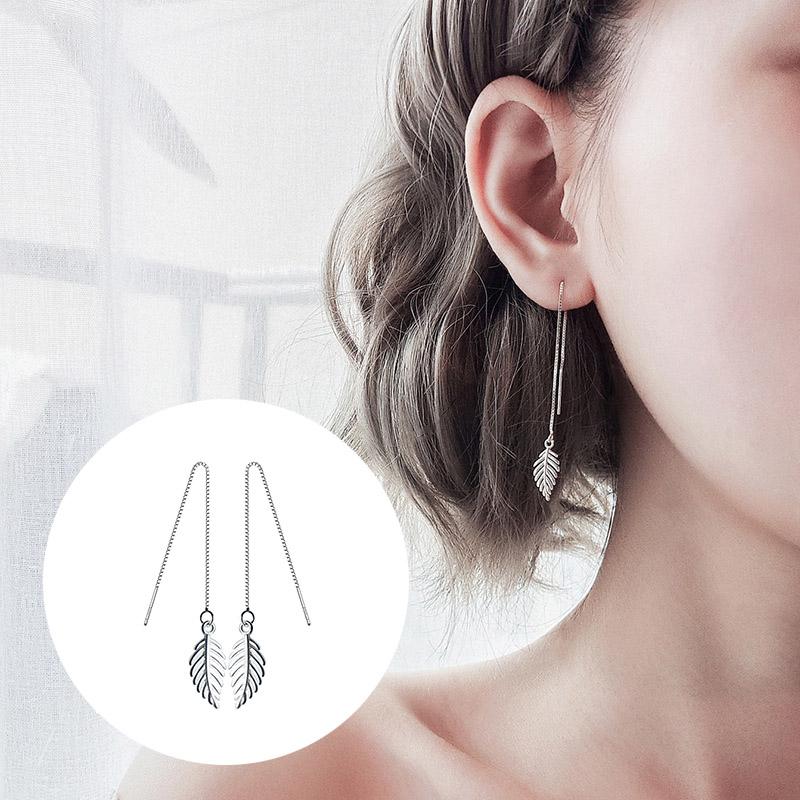 ピアス レディース アメリカンピアス リーフ 葉っぱ フェザー 羽 揺れる ロング チェーン シルバー アレルギー対応 上品 韓国ファッション | 