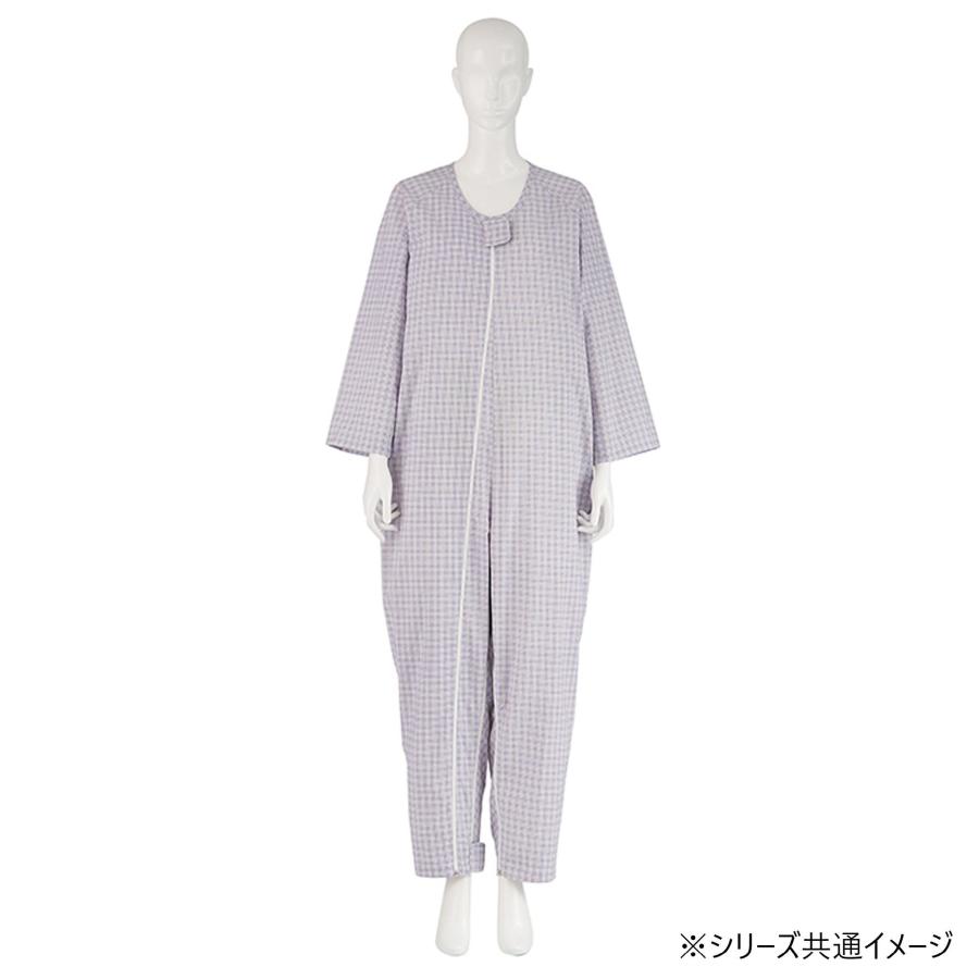 介護用寝巻 パジャマ つなぎ チェック 長袖 ファスナー おむつ交換 高齢者 寝たきり 男性 女性 フドーねまきB スリーシーズン パープル L_1