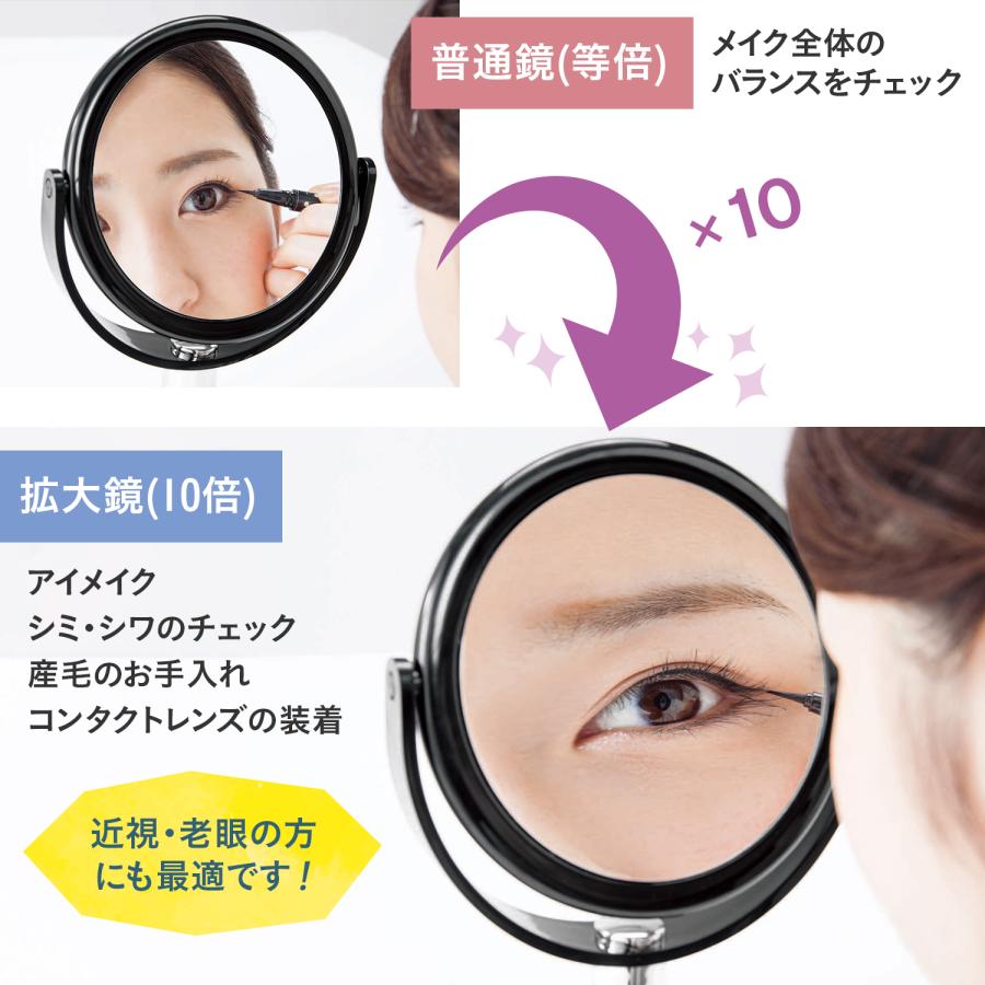 10倍拡大鏡付きの2面ミラー 拡大鏡 等倍鏡 卓上ミラー スタンドミラー