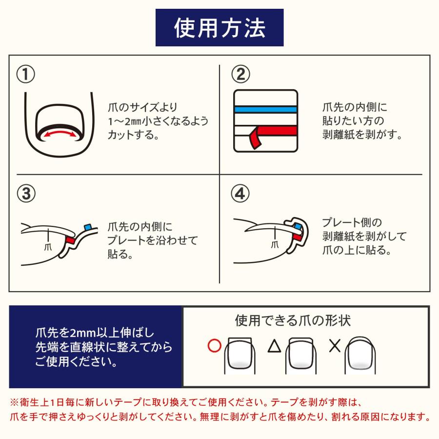 巻き爪テープ 爪先用 60枚入 使い切りタイプ カットOK 衛生的 透明 目立ちにくい 弾力プレート 貼るだけ 簡単 ケア フット 爪 足 日本製｜fu-nabi｜05