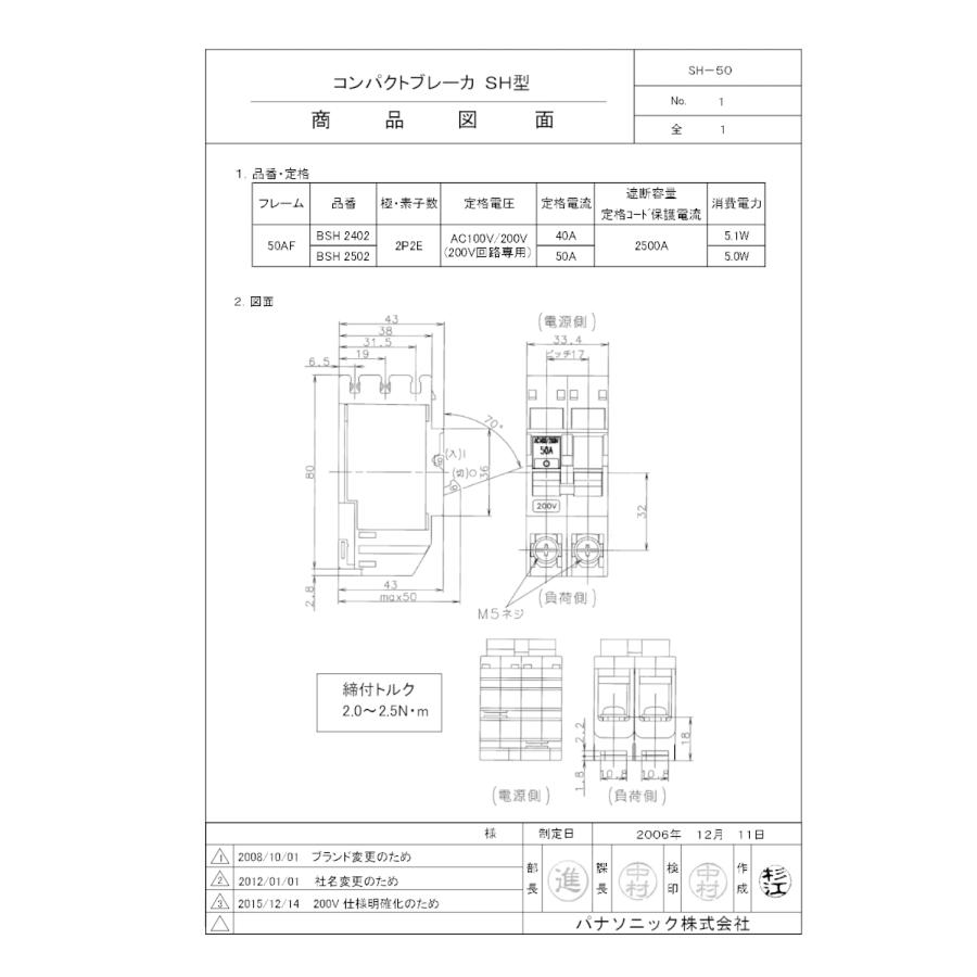 Panasonic（パナソニック） コンパクトブレーカSH型2P2E(200V・50A
