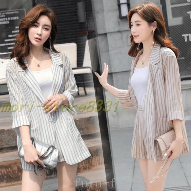 新商品 2点セットパンツスーツ夏服レディース薄手夏物7分袖テーラードジャケットストライブショートパンツウエストゴムカジュアル バーゲンセール Superavila Com