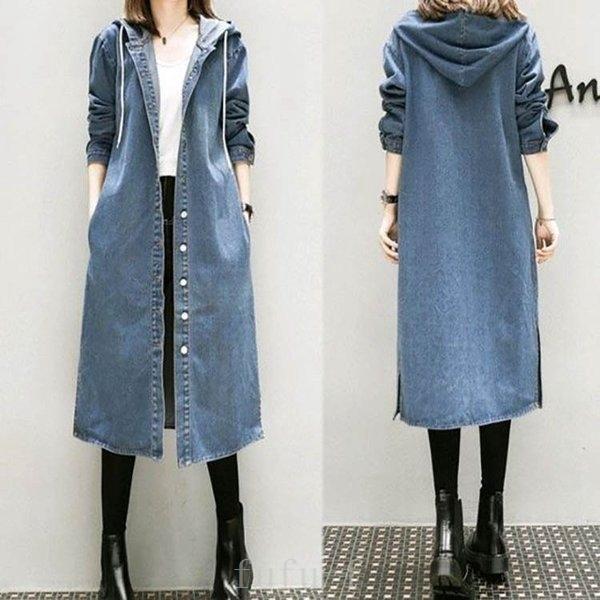 デニムコートレディースロングコートsiチェスターコートフード付き大きいサイズ5xl40代カジュアル秋ブルー大 激安商品