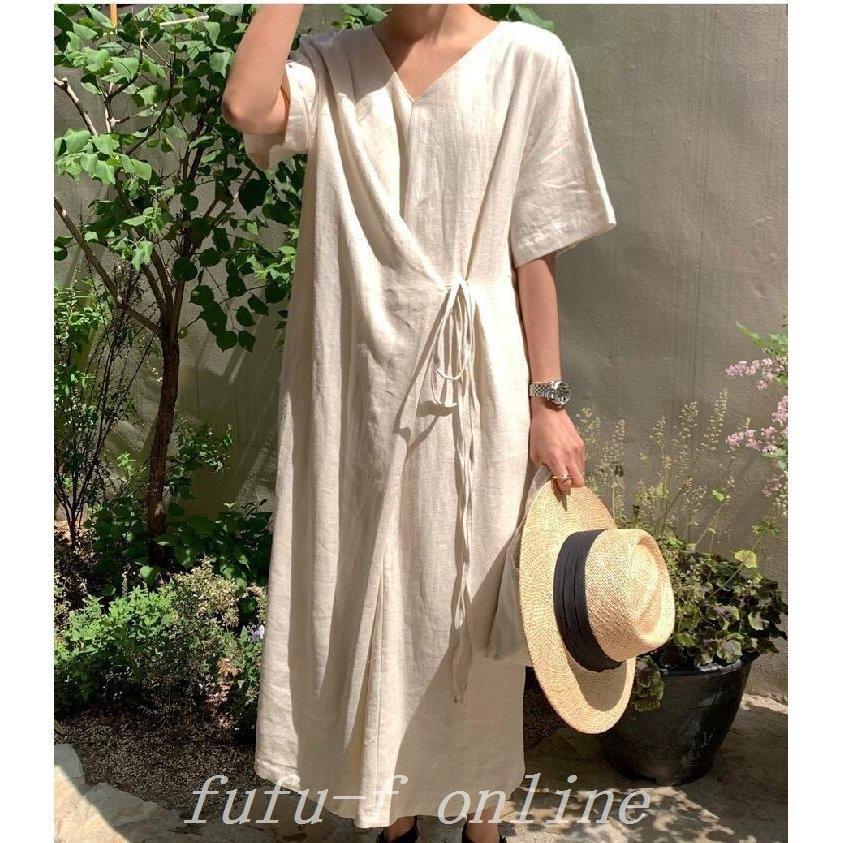 は自分にプチご褒美を ワンピースウエストリボン綿麻リネン混ワンピースロングミモレ丈ワンピレディース