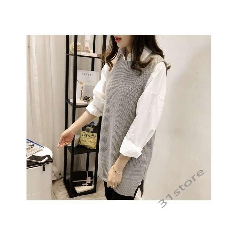 人気の春夏 ポロシャツ レディース ポロシャツ 白 ニットベスト 2点セット シャツレディース長袖ポロシャツ ホワイト白ニットベストロング丈ベスト2点セット大きいサイズゆったり重ね着薄手秋 Www Threeriversofs Com