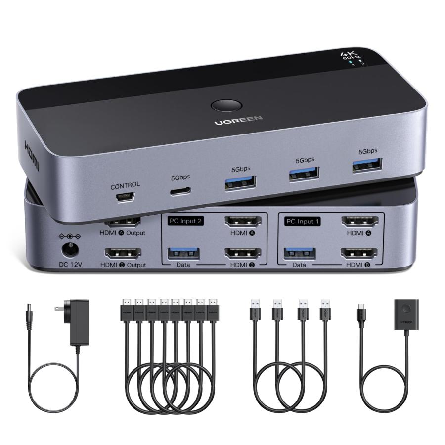 分配器・切替器 UGREEN HDMI KVM Switch 4 In 1 Out UGREEN HDMI KVM切替器 4K@60Hz 2モニタ2コンピュータ、2入力2出力