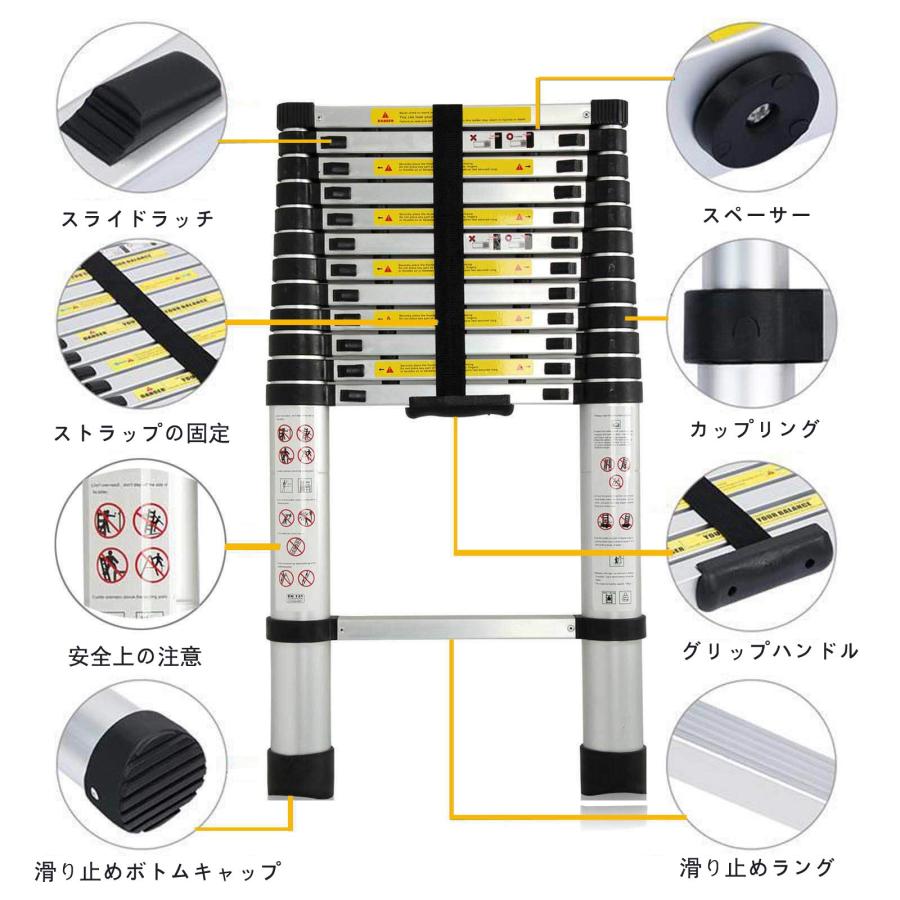 DayPlus 伸縮はしご 最長3.8 m (12.5 ft) 折り畳み伸縮梯子 多機能アルミはしご 持ち運びに便利 軽量 耐荷重150 kg 室内_2