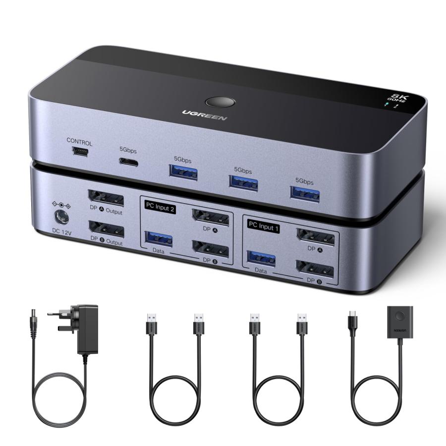 UGREEN 8K@60Hz DisplayPort KVM切替器 2モニター対応 2台コンピュータ