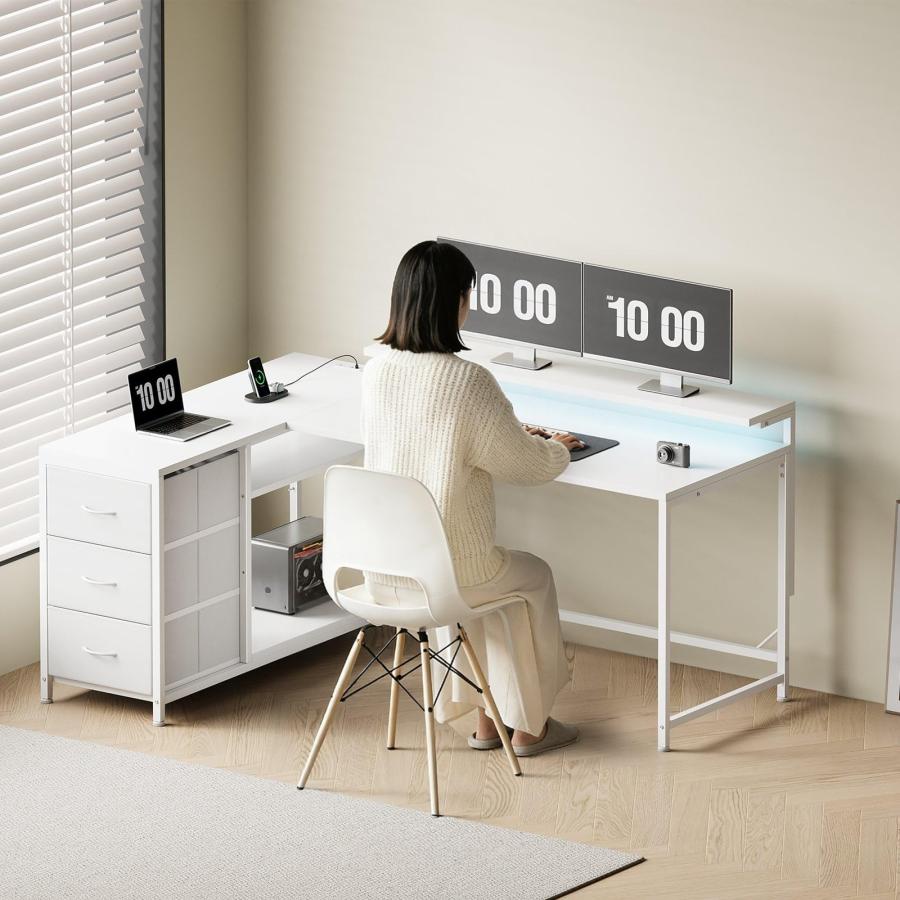 YeTom l字デスク 幅120cm パソコンデスク 机 pcデスク モニタ台の高さ調節可能 コーナーデスク 本棚付き 引き出しとコンセント付き 左_1