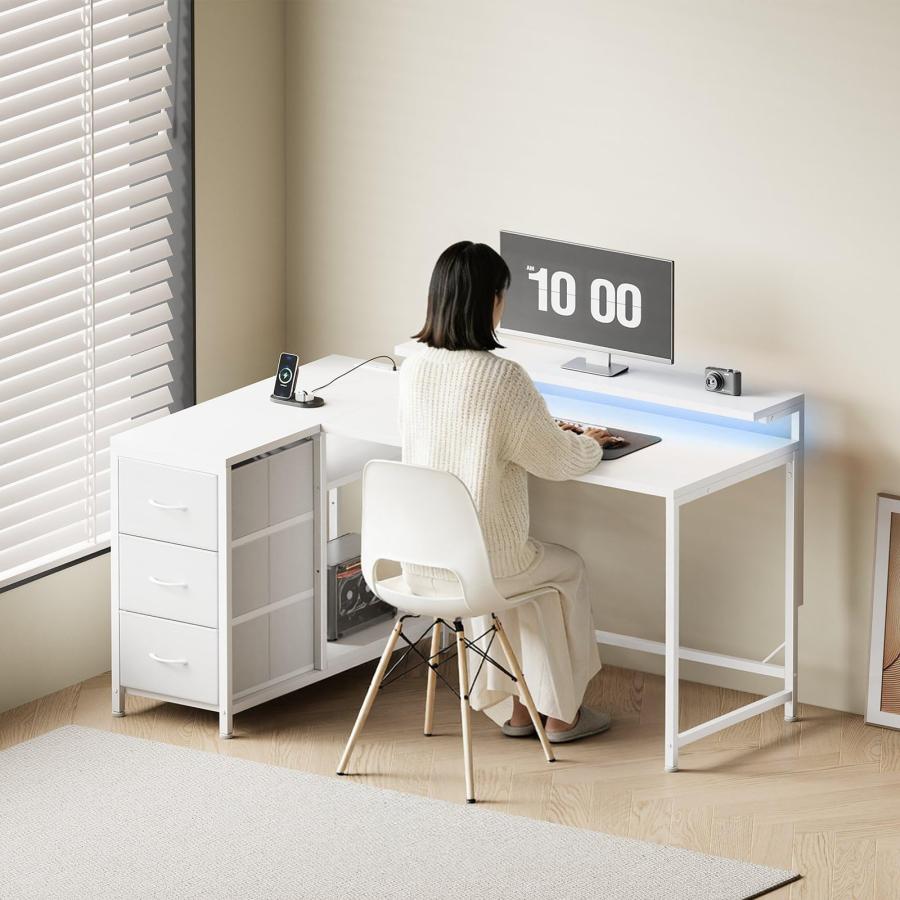 YeTom l字デスク 幅100.5cm パソコンデスク 机 pcデスク モニタ台の高さ調節可能 コーナーデスク 本棚付き 引き出しとコンセント付き_1