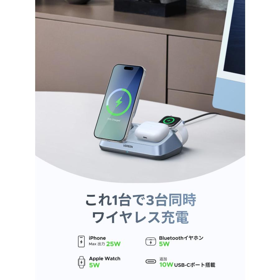 UGREEN MagFlow 25W Qi2 認証 3-in-1 ワイヤレス充電器 マグネット式