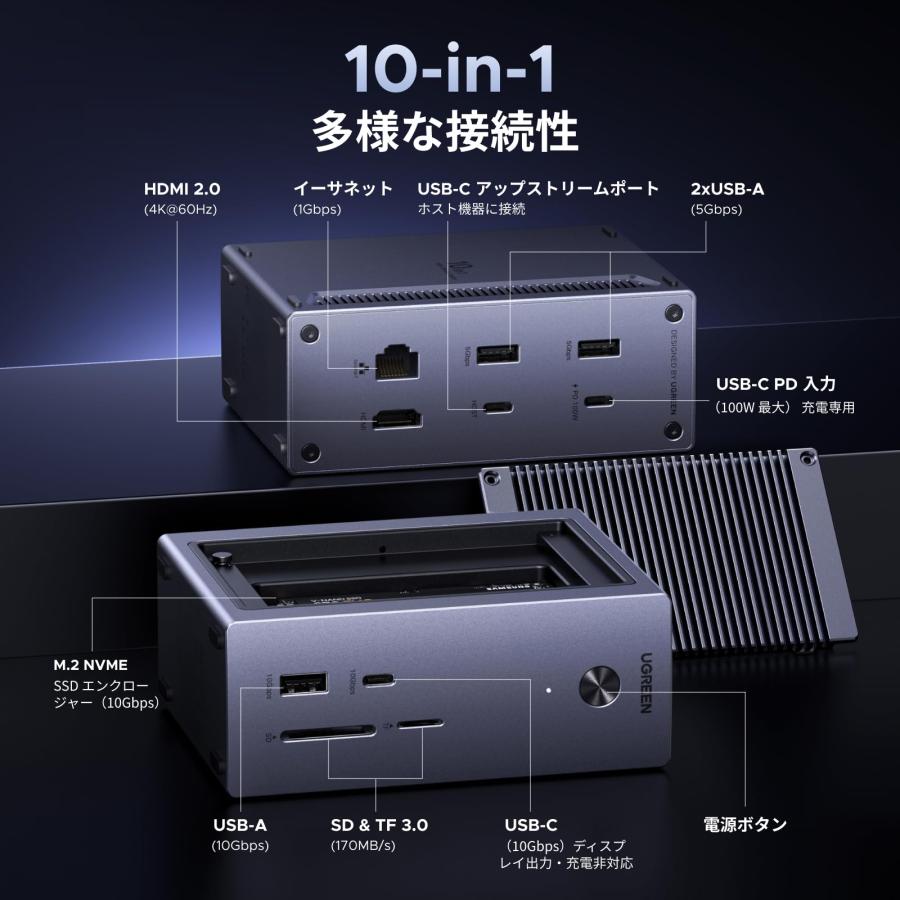 UGREEN ドッキングステーション 10-in-1 M.2 NVMe SSD増設 10Gbps高速