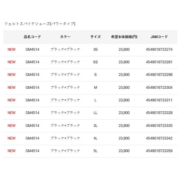 （23年6月新商品） がまかつ フェルトスパイクシューズ(パワータイプ) GM-4514 ブラック×ブラック Lサイズの画像