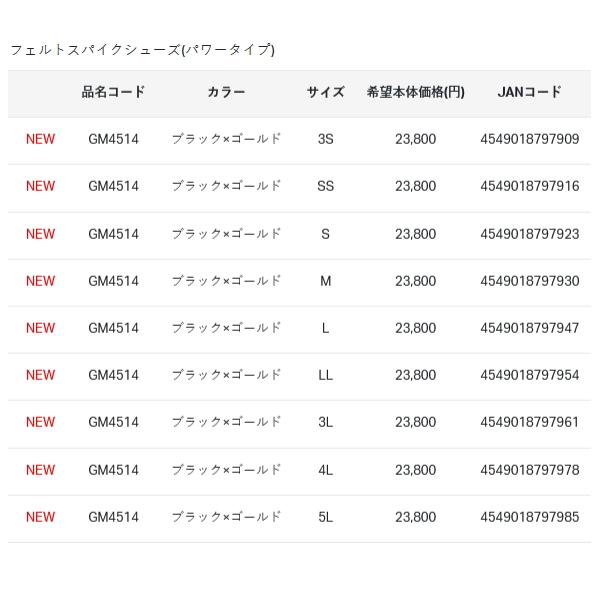 （25年10月新商品） がまかつ フェルトスパイクシューズ（パワータイプ） GM-4514 ブラック×ゴールド LLサイズの画像