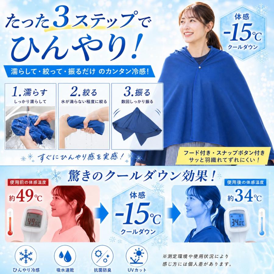 冷感ポンチョ UVカット フード付き 体感温度−15℃ 冷感タオル 吸水速乾
