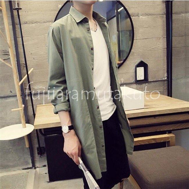 ロングシャツ メンズ きれいめ カジュアル シャツ スリム トップス ホスト ミリタリー ロング丈 個性 春 秋物 激安ブランド シャツ