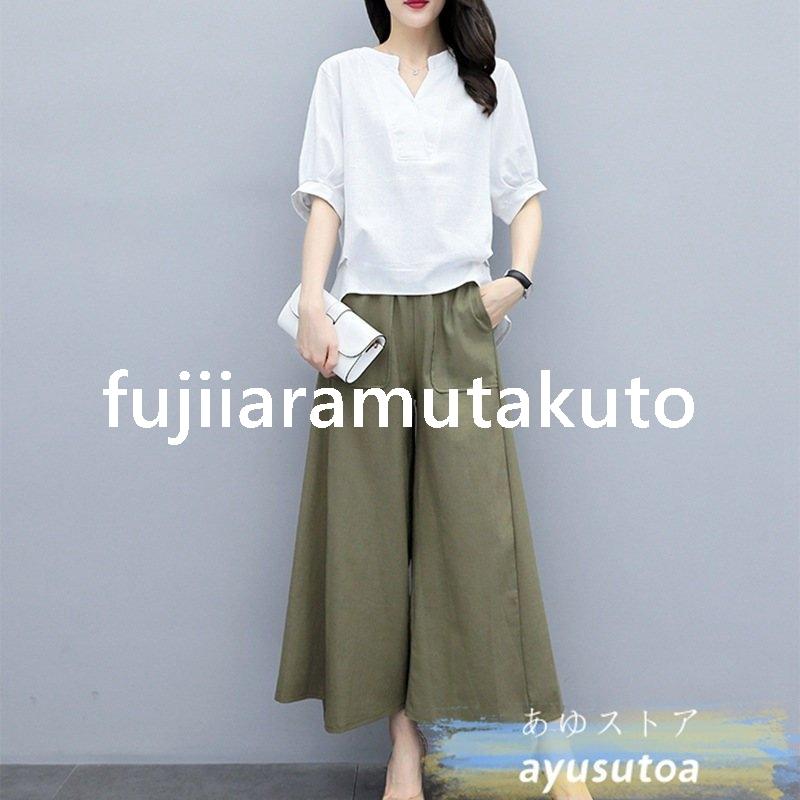全商品オープニング価格 セットアップ レディース 夏 40代 コーデ カジュアル トップス ブラウス シャツ ガウチョパンツ シフォン 大きいサイズ 2点セット おしゃれ 着痩せ 新品 Honeymoon Style