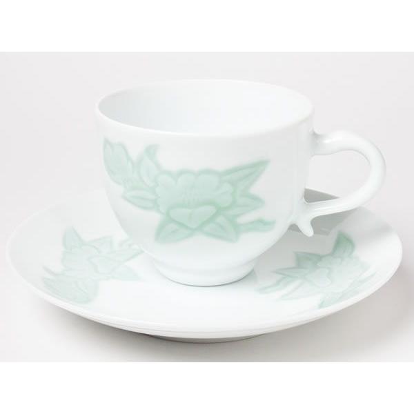 人間国宝　井上萬二　コーヒー碗皿　カップ＆ソーサー 送料無料】人間国宝 井上萬二 作 カップ＆ソーサー（白磁緑釉椿