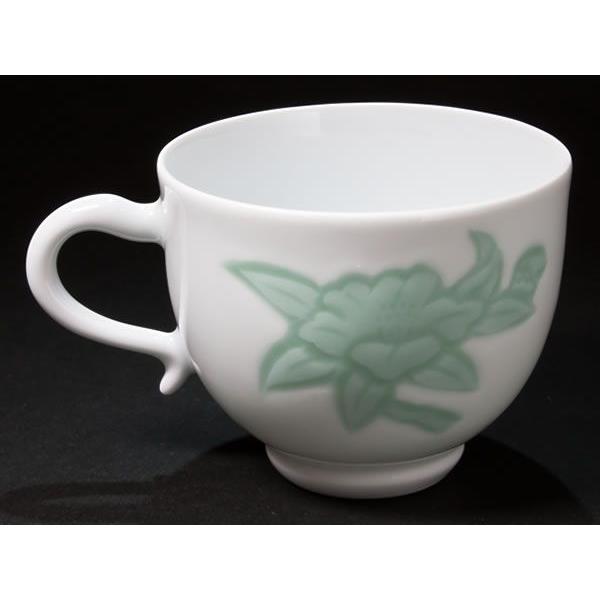 送料無料】人間国宝 井上萬二 作 カップ＆ソーサー（白磁緑釉椿