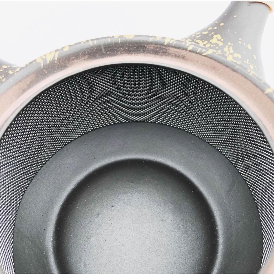 黒泥黄金吹き付け 飛び鉋紋様 常滑焼 晶 帯アミ急須 350cc 黒泥急須